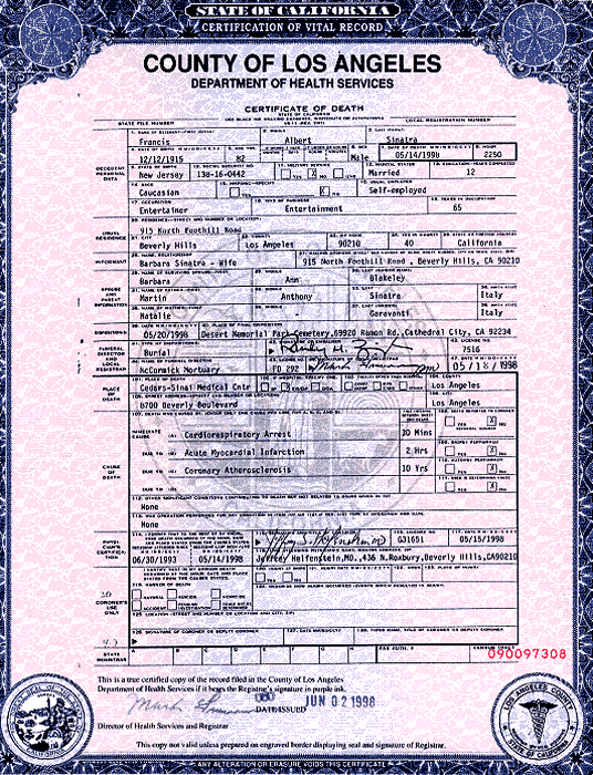 Frank Sinatra Death Certificate