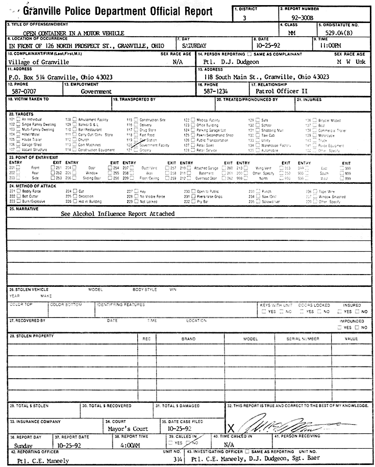 James Frey Granville Police Report