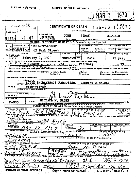 Sid Vicious Death Certificate