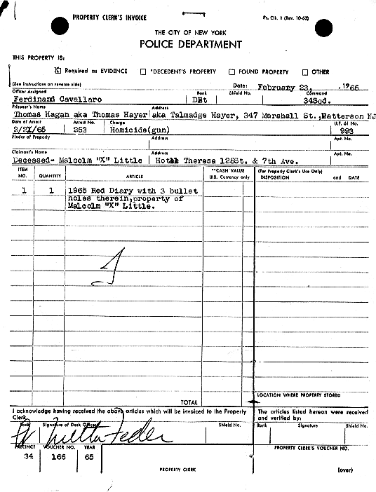 Malcolm X Diary NYPD Invoice