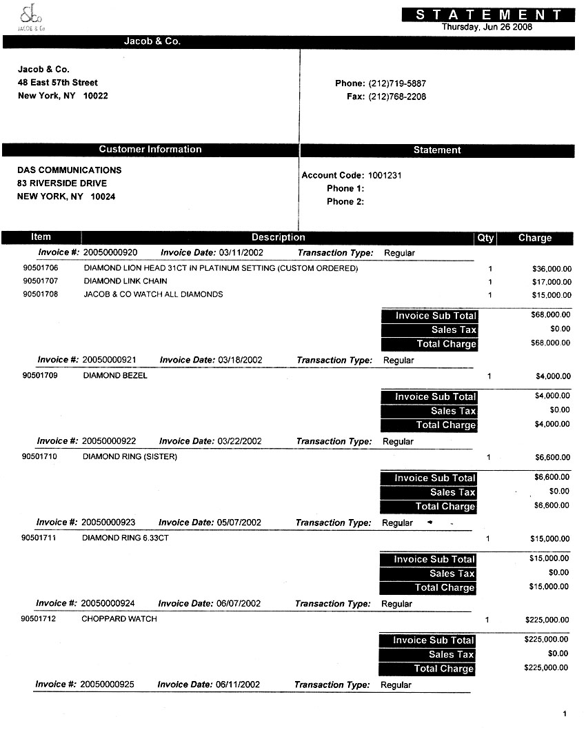 Wyclef Jean Jewelry Invoices