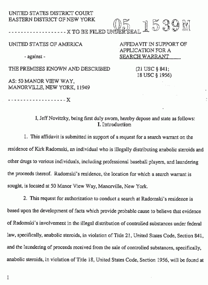 Kirk Radomski Search Warrant Affidavit  The Smoking Gun